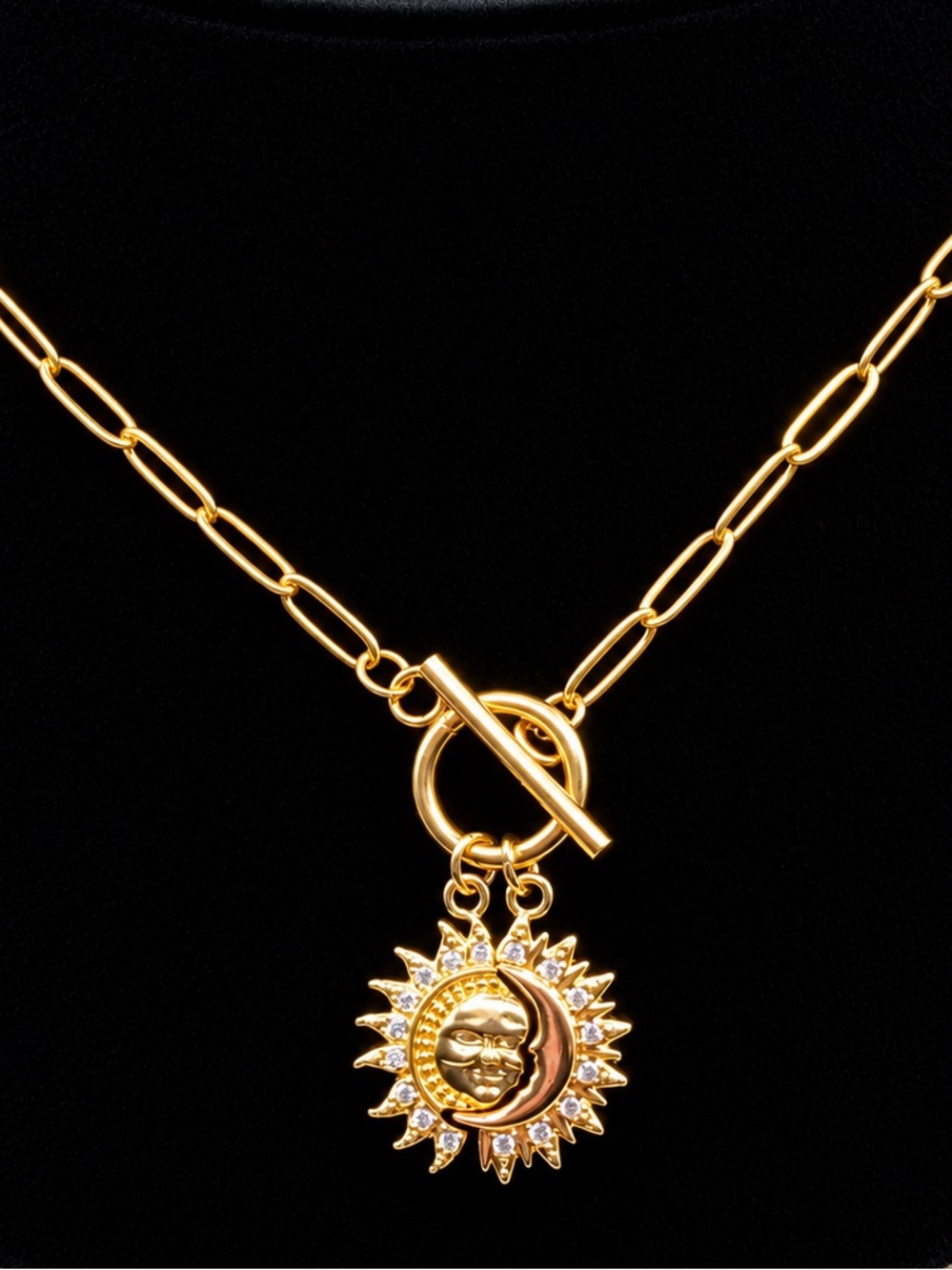 Boho Gold Sun and Moon Interlocking Pendant Toggle Celestial Necklace